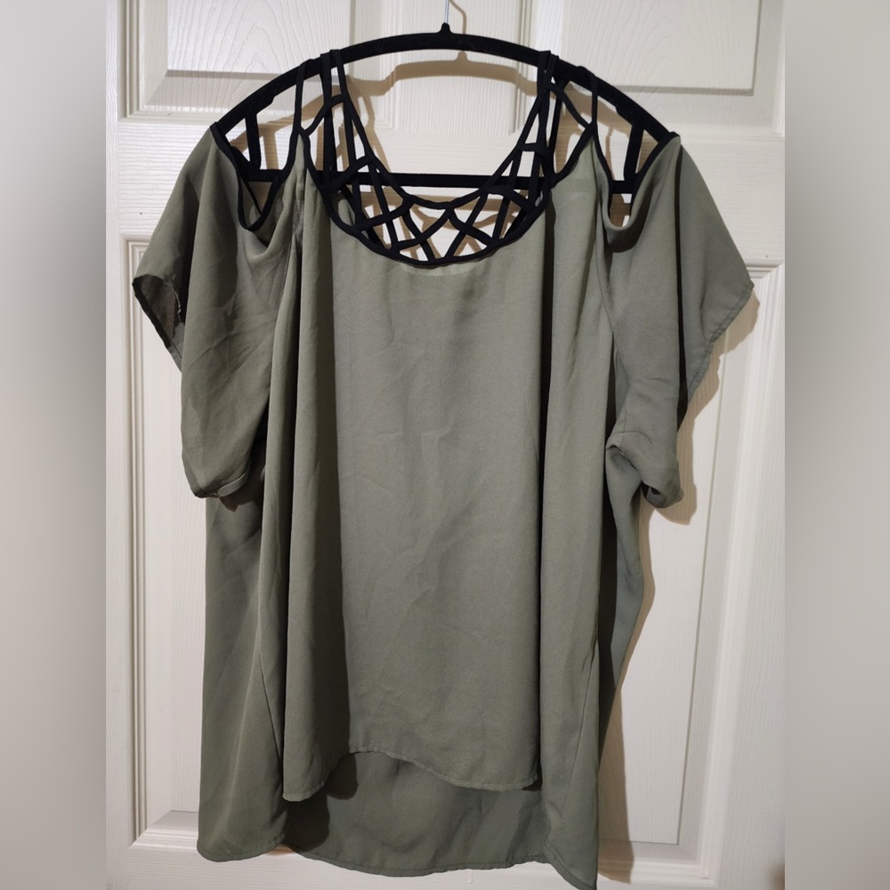 New York & Company Green Flutter Sleeve Blouse with Cut Out